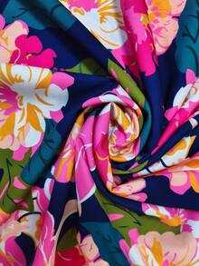 Weeklong Plus Size Women's Floral Print V-Neck Flutter Sleeve Ruched Waist A-Line Dress,Navy Blue,Summer,Boho,Vacation,Holiday,Elegant French Retro Beach Resort - Multicolor - View 4