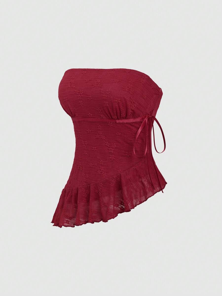 Sweetra Y2K Sexy Tube Top With Lace Bow Asymmetrical Hem Blouse - Burgundy - View 1