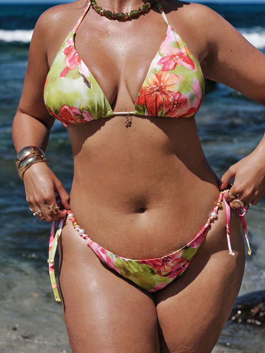 SHEIN BAE Bộ bikini hai mảnh gợi cảm buộc dây cổ và quần tam giác in hoa dành cho nữ cỡ lớn, thích hợp cho kỳ nghỉ hè. - Nhiều màu - Xem 1