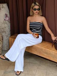 DAZY Bộ đồ mặc nhà thoải mái dành cho nữ, áo quây kẻ sọc và quần ống rộng. - Màu be - Xem 5