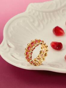 Glisma 18K Gold Plated Geometric Hollow Rose Red Zirconia Elegant Ringoutfits,Old Money,Metallic/Texture,Gemstone,For Mom/Women/Girl/Mother,Premium,Vintage,Classy,Gold,Easter,Travel/Beach/Vocation,Boho,Grunge - Hot Pink - View 2