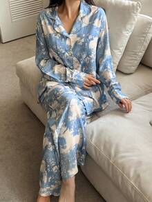 DAZY Elegant Plant Silhouette Print Cinched Waist Sleepwear Set For Women - Blue - View 1