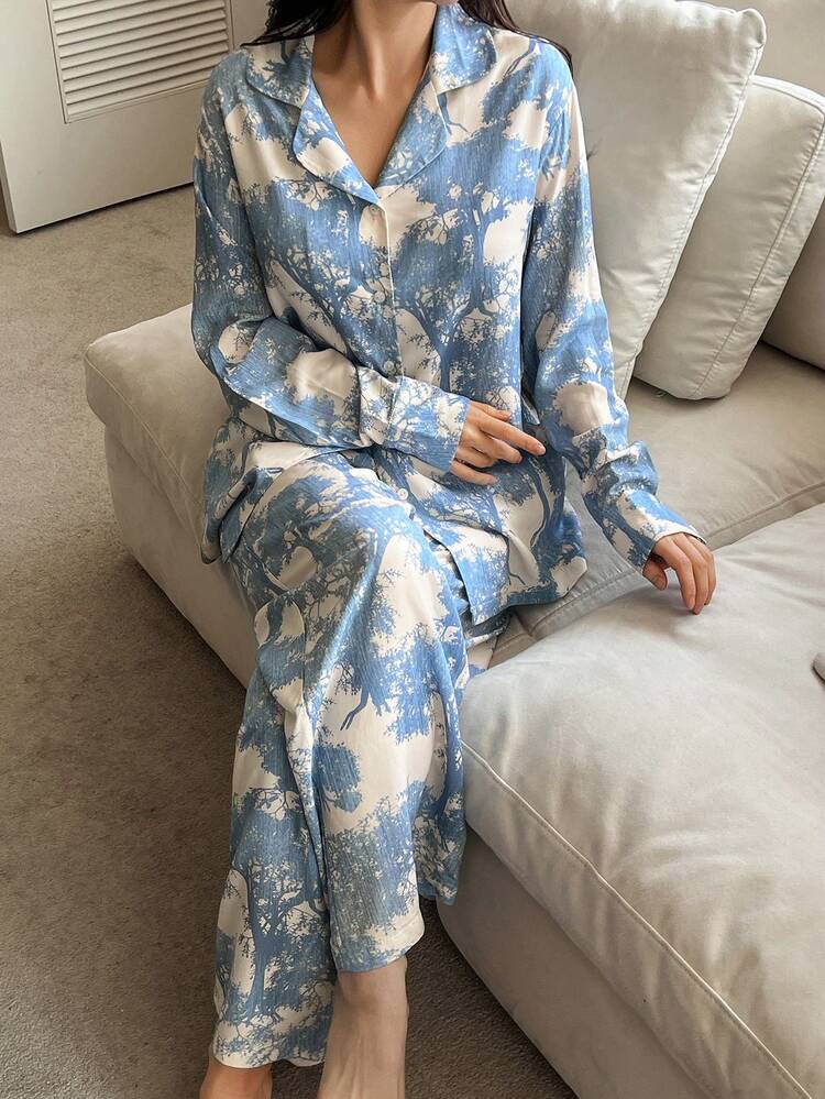 Elegant Plant Silhouette Print Cinched Waist Sleepwear Set For Women