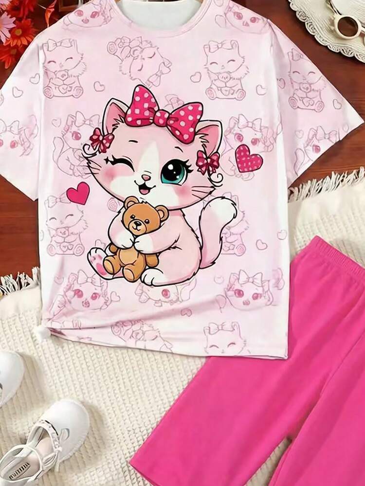 少女数码猫咪印花短袖打底裤套装，休闲舒适，适合春夏穿着，可爱春夏风格，百搭单品，适合户外活动、野餐、街头摄影、居家、校园、节日等场合，也是馈赠佳品。 - 彩色 - 查看 4