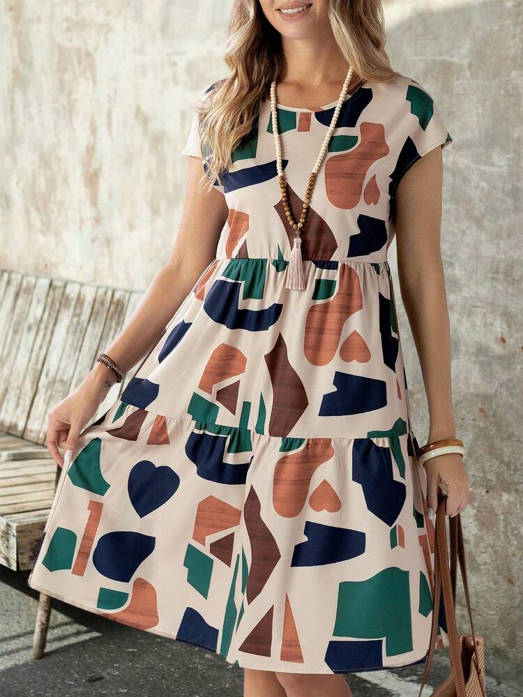 Women's Summer Geometric Pattern Print Round Neck Short-Sleeve Dress,Summer Dresses For Women