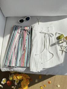 SHEIN EZwear 彩色条纹和纯色亚麻系带休闲宽松加大码短裙两件套，春夏女装棉质服装，条纹半身裙，沙滩裙 - 彩色 - 查看 9