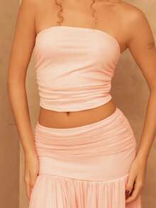 juhmazzocco 2pcs/Set Women Summer Holiday Romantic Pink Mesh Bandeau Top And High Waist Pleated Mesh Maxi Skirt - Pink - View 4