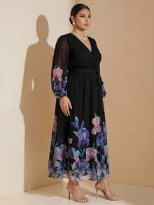 Modelyn Plus Size Elegant Floral Print Party Gym Dress Brown Autumn - Multicolor - View 4