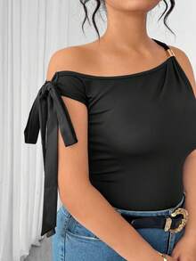 Elenzga Plus Size Women Summer Fashionable Elegant Commuter Sleeveless Oblique Shoulder Tie Strap Camisole - Black - View 6