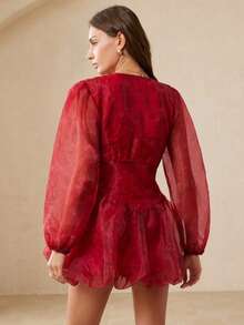 BELROSIE Vestido elegante y ligero con estampado de sirena, cuello en V, cintura recogida, mangas con volantes y dobladillo con volantes cortos. Vestido de organza para mujer, atuendo de vacaciones para mujer, ropa de vacaciones para mujer, vestido formal para mujer, conjunto de vacaciones para mujer - Multicolor - Ver 2