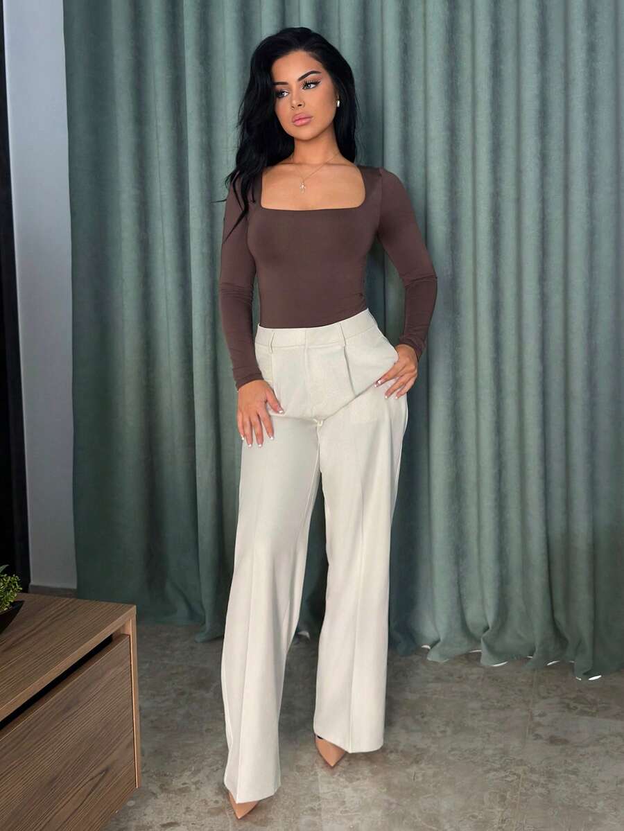 Vassilux 黑色宽松直筒西装裤，通勤都市时尚 - 杏色 - 查看 1