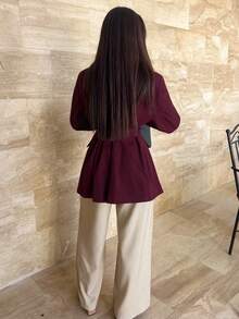 Hitanina Chaqueta blazer de mujer con cintura ceñida y cuello con corbata de doble botonadura, de tela tejida color borgoña, elegante para fiesta, vacaciones, oficina, viajes, citas, Halloween, Navidad - Blazer versátil para mujer, chaqueta borgoña, traje de mujer borgoña, blazer de mujer borgoña - Rojo - Ver 3