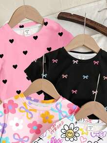 SHEIN 4 pièces/Set Tee-shirts à manches courtes, col rond pour bébé fille avec imprimés fleurs mignons, graffitis, nœuds et cœurs. Convient pour le printemps/été, la maison, les vacances, les pique-niques, la ferme, les sorties, la rentrée scolaire - Multicolore - Voir 3