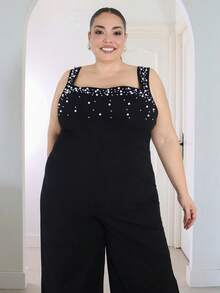 Pretty and Ole Plus Size Elegant Sexy Party Jumpsuit, Fitted Camisole With Gorgeous Pearl Decor, Slimming - Black - View 6