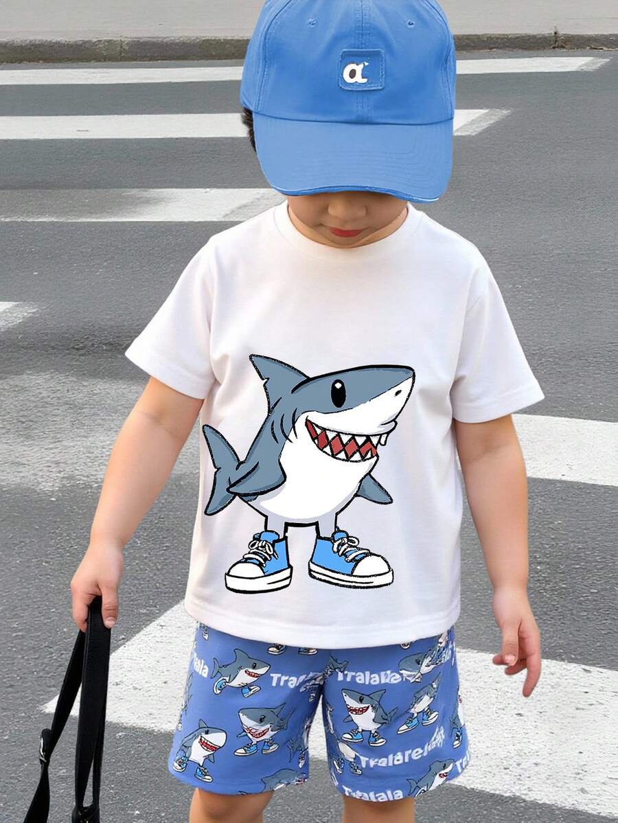 SHEIN Streecool Kids 2件組男童白色夏季休閒椰子樹與漸層印花短袖T恤短褲套裝,舒適日常穿著,春季穿搭,禮物 - 彩色 - 查看 1
