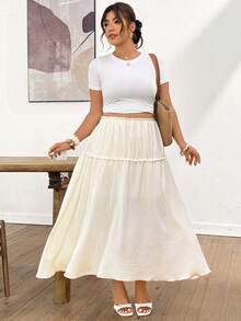 SHEIN Frenchy Plus Size Women Long Casual Boho White Skirt, Suitable For Daily Wear And Commuting Beach Vacation Summer - Beige - View 6