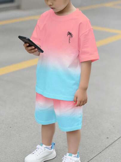 2pcs/Set Toddler Boys' Casual Coconut Tree Ombre Print Short Sleeve T-Shirt And Shorts Set, Comfortable Daily Wear For Spring And Summer