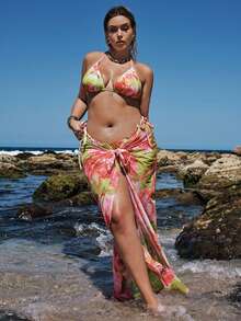 SHEIN BAE Bộ bikini hai mảnh gợi cảm buộc dây cổ và quần tam giác in hoa dành cho nữ cỡ lớn, thích hợp cho kỳ nghỉ hè. - Nhiều màu - Xem 3