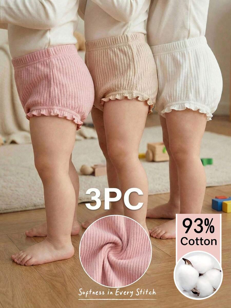 Cozy Pixies 3件套女婴纯色舒适弹力腰三角短裤套装，夏季短裤和爬行裤 - 彩色 - 查看 1