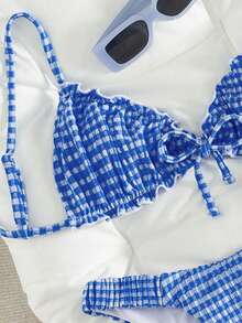 Swim Mod Textured Fabric Ruched Front Tie Bow Waist Pleated Cute Sweet Fashion Lively Party 2-Piece Bikini Set Set - Royal Blue - View 4