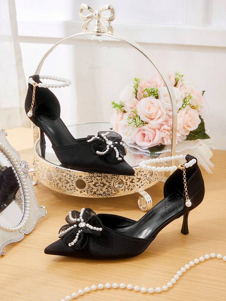 CUCCOO HITCHD Women Shoes Spring And Summer New Women's High Heel Shoes Flower Pearl Decoration Pointed Thin Heel Back Bag With Pearl Buckle 6.5cm Elegant Satin Solid Color Banquet Dating Wedding Bridesmaids Versatile Comfortable Breathable Women's Shoes Summer Shoes Wedding Shoes Bride Shoes