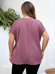 SHEIN CURVE+ Curve 尺码 US22 音乐节、海滨度假、波西米亚风女士休闲纯色蝙蝠袖褶皱腰身衬衫，夏季 - 紫色 - 查看 2