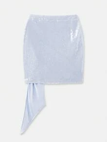 lacRébo Chân váy ngắn màu xanh nhạt đính sequin, kiểu quấn, xếp ly phía trước và thắt dây bên hông, thích hợp cho tiệc tùng. - Màu xanh bạc hà - Xem 7