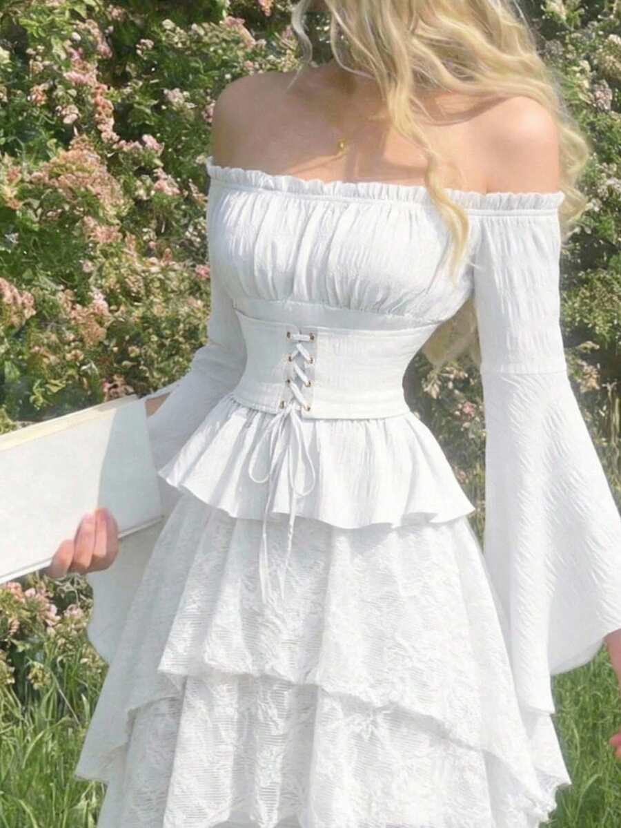 SHEIN MOD Off Shoulder Lace Up Front Ruched Bust Ruffle Hem White Waisted One-Shoulder Bell Sleeves Blouse - White - View 1