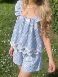 Sparklyn Tween Girl Embroidered Striped Ruffle Trim Top And Shorts Cute Set - Blue - View 4