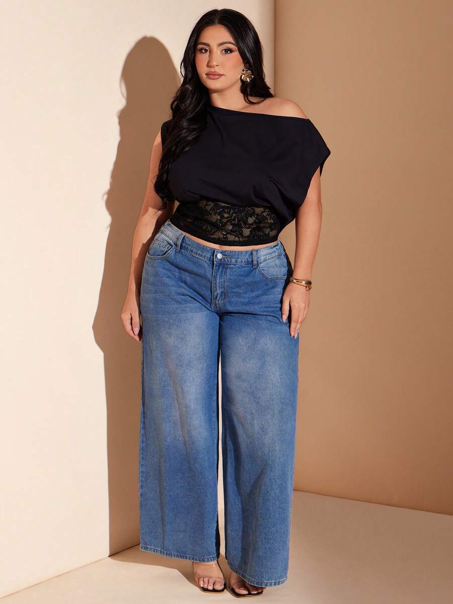 SHEIN BAE 大码女式春夏黑色针织蕾丝拼接不对称露肩性感度假上衣 - 黑色 - 查看 1
