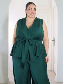 Pretty and Ole Plus Size Women Casual Solid Color Sleeveless Top & Pants 2 Pieces Set,Cardigan With Irregular Hem, Straps, And Wide-Leg Pants,Green,Summer - Dark Green - View 6
