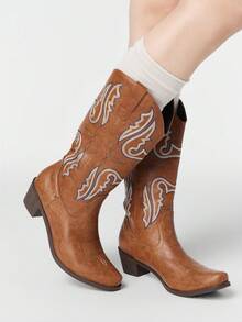 ROMWE Fairycore 2025 Botas de Cowboy Bordadas Ocidentais Retrô do Interior Britânico, Botas de Outono para Mulheres - Castanho - Visão 5