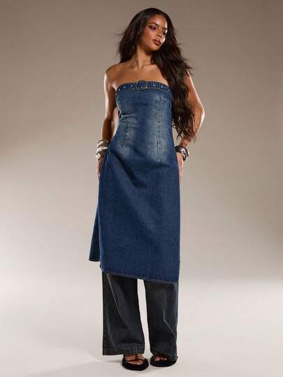 Normani Áo ống dài bằng vải denim thời trang dành cho nữ với thiết kế khóa cài.