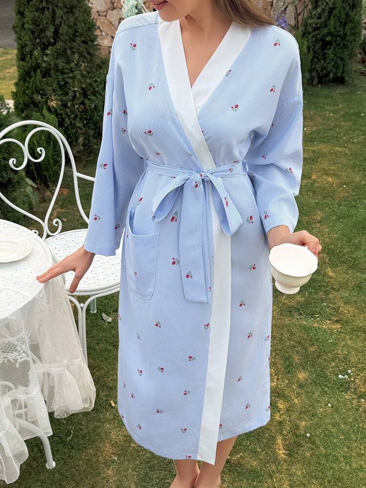 Elegant Floral & Striped Color Block Midi Loose Robe For Women, Spring/Summer