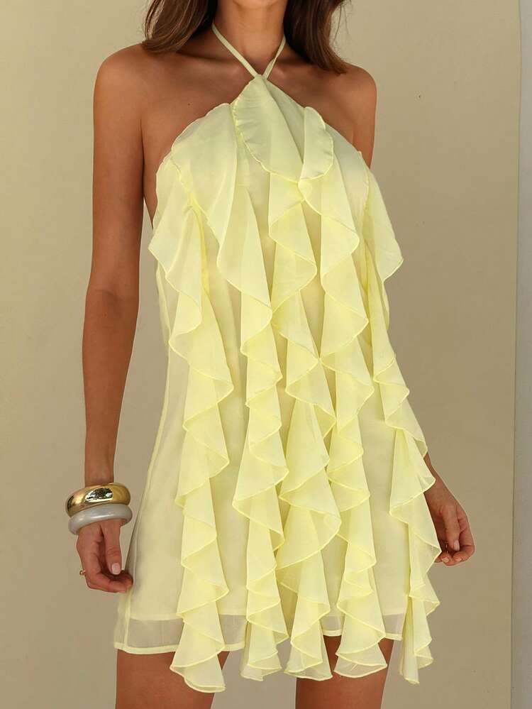 Aloruh Women's Elegant Tie-Up Halter Neck Multi-Layer Ruffle Backless Chiffon Beach Vacation Mini Dress, Yellow Halter Dress, Ruffled, Yellow Dress, Ruffled Yellow Dress, Ruffle Dress, - Light Yellow - View 6