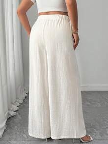 Elenzga Casual Plus Size Plain Long Straight Leg Woven Fabric Textured Pants Apricot With Exquisite Buttons And Comfort Pockets - Apricot - View 2