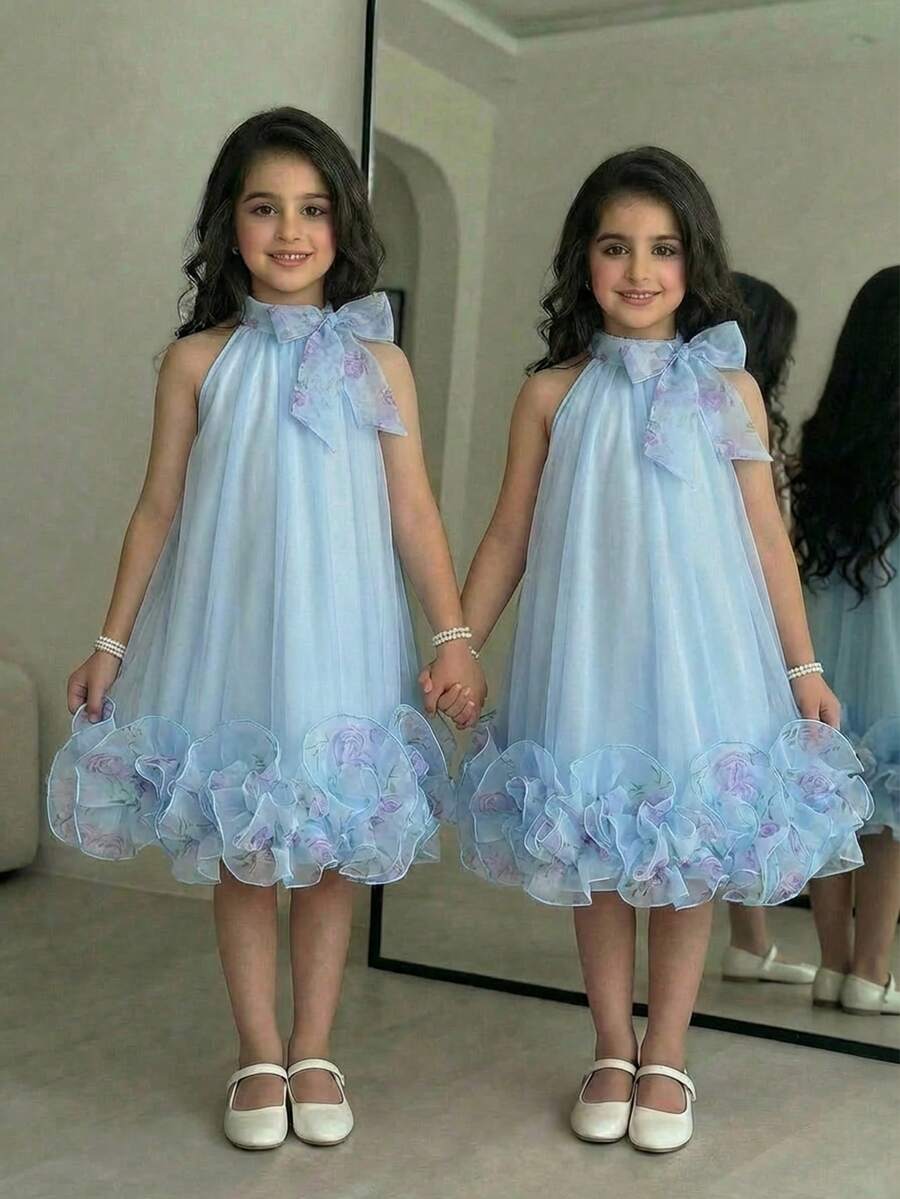 Đầm organza họa tiết hoa, màu xanh nhạt thanh lịch và dễ thương dành cho bé gái. - Màu xanh lam - Xem 1