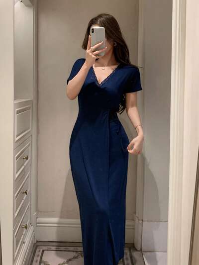 Summer Lace Patchwork Knit Waist Dress For Women, Loungewear