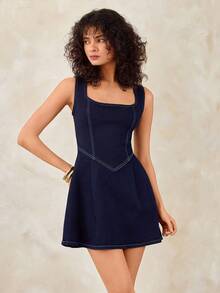 Raw Wash Casual Mini Denim Dress - Dark Wash - View 2