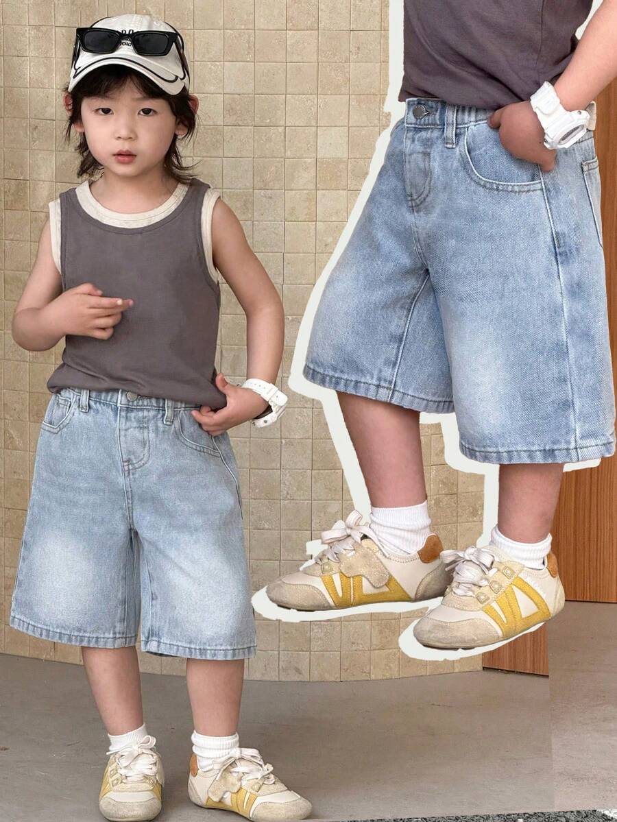 SHEIN Little Byeori 男童新款时尚休闲柔软波西米亚风基础款简约弹力腰蓝色牛仔宽松长款牛仔短裤,斜插口袋,适合春夏日常穿着、街头风、海滩度假、休闲场合,印花牛仔短裤,4岁男童短裤,夏季短裤,休闲短裤 - 淺色水洗藍 - 查看 1