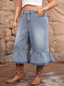 SHEIN Unity Plus Size Women Y2K Style Denim Capri Pants, Korean Casual Street Cowboy Water-Washed Ruffled Hem Straight Leg Wide Leg Jeans - Light Wash - View 3