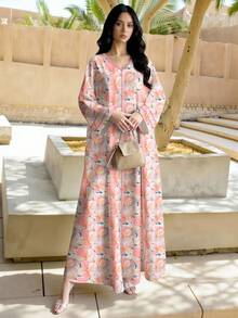 SHEIN Najma 花卉条纹印花V领长袖长款连衣裙，优雅花卉长裙，适合春夏穿着，尽显阿拉伯风情。 - 彩色 - 查看 4