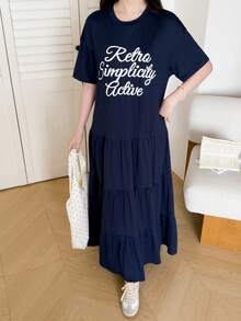 Gaun Kasual Lengan Pendek Berkerut dengan Motif Huruf dan Kerah Bulat untuk Remaja Perempuan - Navy Blue - View 6
