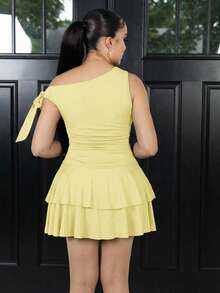 Melissa Matos Women's Summer Casual Knotted Asymmetrical Neck Ruffle Hem Pleated Fitted Dress - Pale Yellow - View 3
