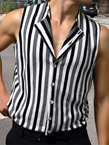 Claim Dot 男士条纹单排扣无袖休闲针织上衣 - 彩色 - 查看 5