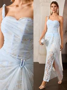 MOTF Soiréza WOMEN'S ELEGANT LONG DRESS WITH LACE EMBROIDERY, PLEATED STRUCTURE DESIGN, SLIM FIT, SUITABLE FOR FORMAL OCCASIONS - Baby Blue - View 2