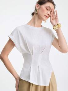 Aalyst Women's Elegant White Summer T-Shirt Casual Round Neck Short Sleeve Asymmetrical Hem Ruffled Waist Top,Suitable For Work,Dates And Vacation - White - View 4