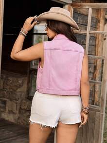 EMERY ROSE Plus Size Sleeveless Denim Jacket, Casual Vacation Wear - Pink - View 2