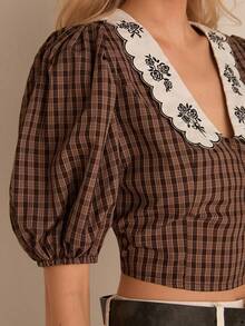 Easelle 女士咖啡色格子刺绣衬衫 - 鏽棕色 - 查看 7