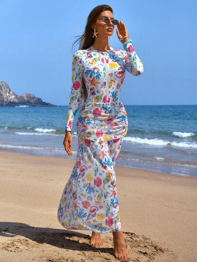 Swim Shayni Women's 3-Piece Burkini Set For Summer Beach, Colorful Ocean Life Random Print Long Sleeve Zipper Pants Long Mesh Coverup, Elegant Ladies Swimwear For Vacation